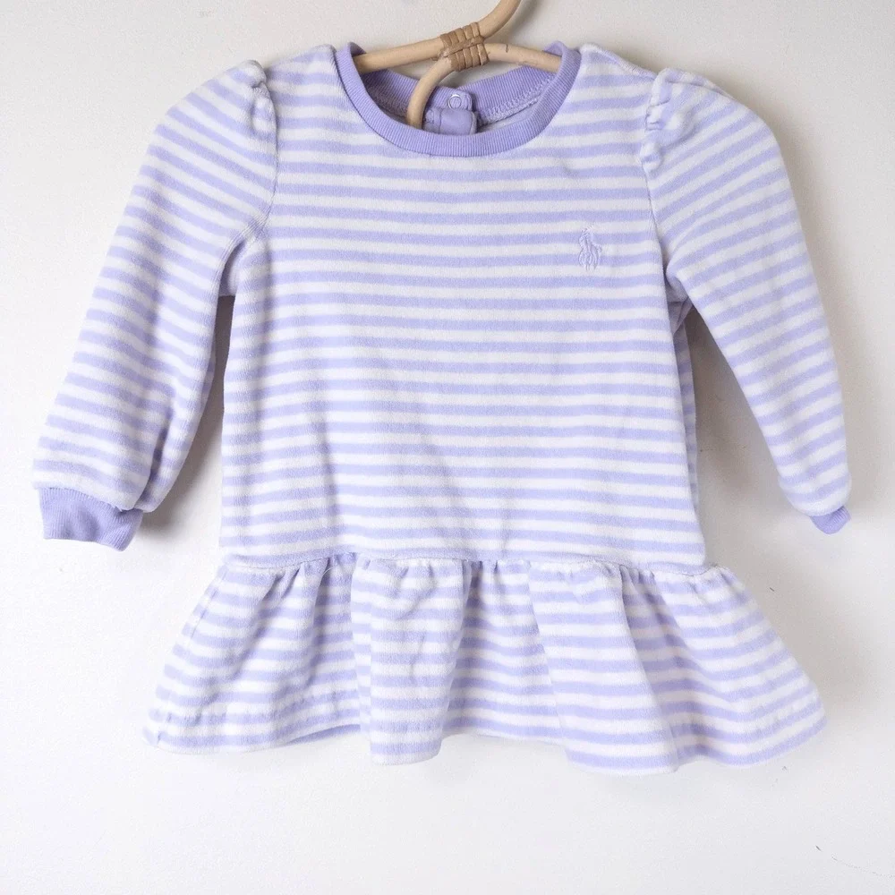 Ralph Lauren Velour Dress Baby 9M‎ Purple White Striped Ruffle Long Sleeve Pony